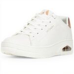 Baskets Skechers Uno Court Femme Cuir Blanc Or Rose Confort