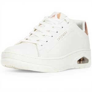 Baskets Skechers Uno Court Femme Cuir Blanc Or Rose Confort