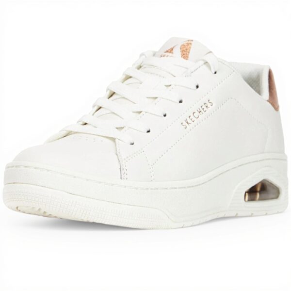 Baskets Skechers Uno Court Femme Cuir Blanc Or Rose Confort
