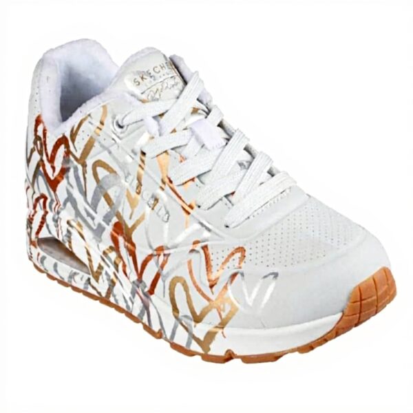 Baskets Skechers Uno Metallic Love Femme Blanc Doré