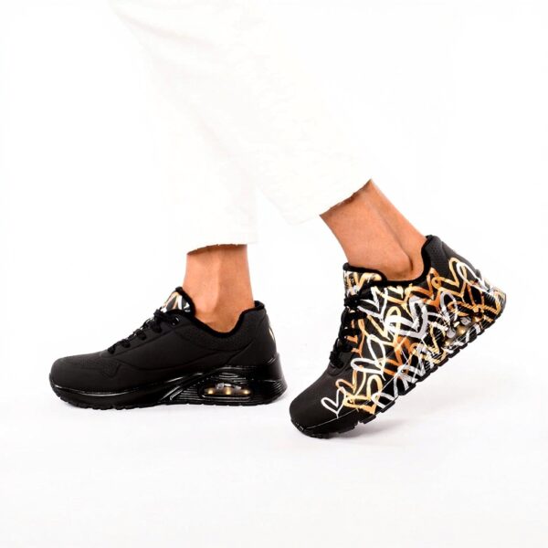 Baskets Skechers Uno Metallic Love Femme Blanc Noir Confort