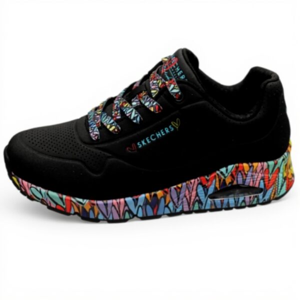 Baskets Skechers Uno Ravaged Love Femme Cuir Noir Confort