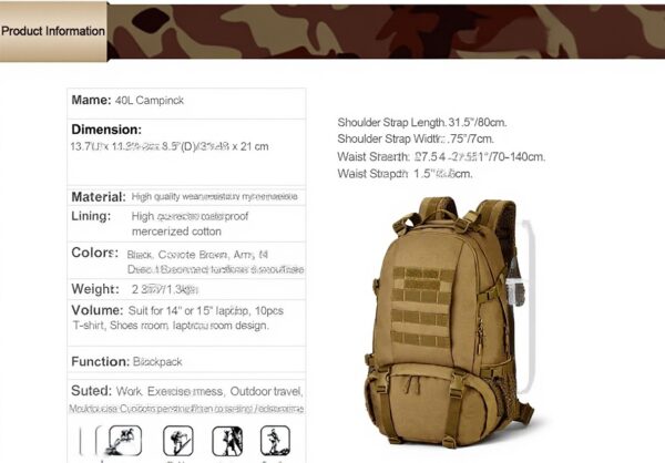 Sac à dos randonnée 40L Huntvp militaire nylon étanche