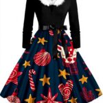 Robe Noël Femme Chic Wapiti Décontracté Vintage Pois Manche