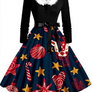 Robe Noël Femme Chic Wapiti Décontracté Vintage Pois Manche